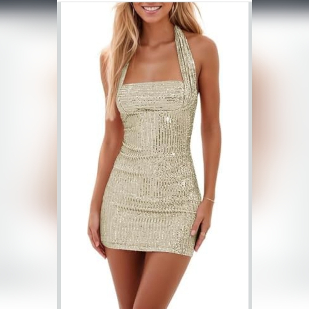 NEW Women's Halter Tight Sequin Prom/Formal Dress Champagne Size 4‎